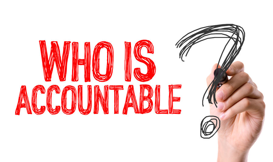 "Who is accountable" in red letters on white background with hand holding question mark in reference to LLC liability