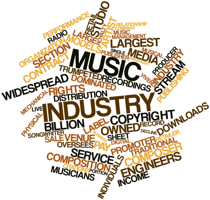 Abstract word cloud for Music industry with related tags and terms in reference to digital audio mechanical royalties.