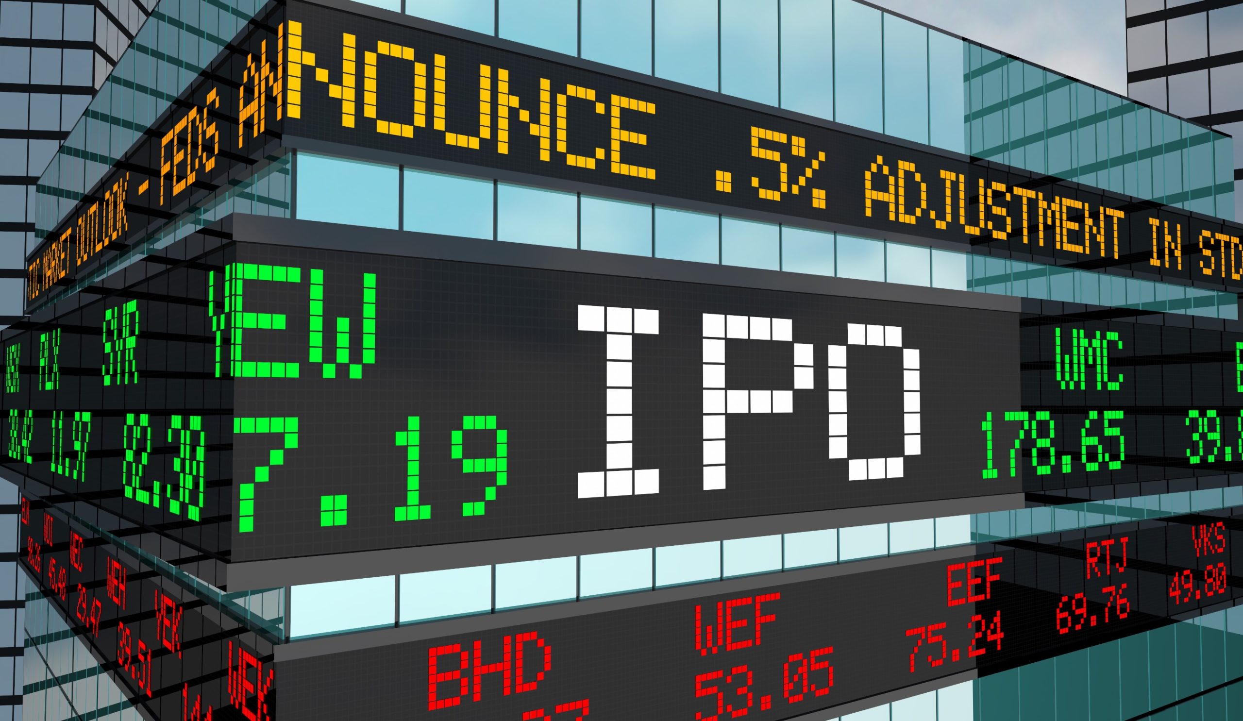 IPO Initial Private Offering Stock Market Ticker Building Illustration