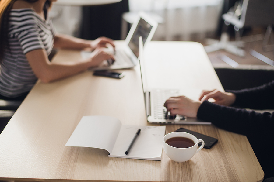 A photo of two employees working in their laptops, related with employment rules
