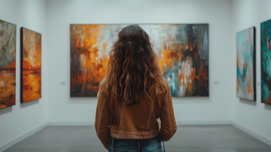 An image of a woman watching an art gallery at a museum